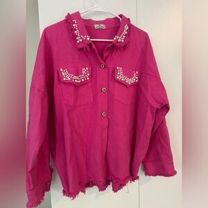 Oversized Pink Pearl-Embellished Women's Button-Up Jacket